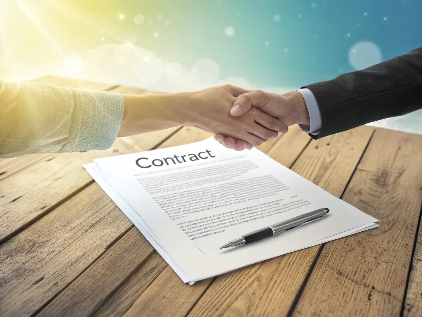 A digital illustration of a contract being signed with a handshake, representing lease negotiation and agreement.