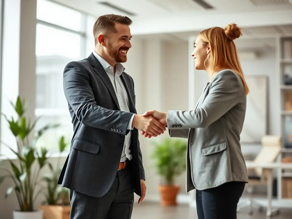 A professional real estate agent shaking hands with a new tenant in front of a commercial property, symbolizing a successful lease agreement.